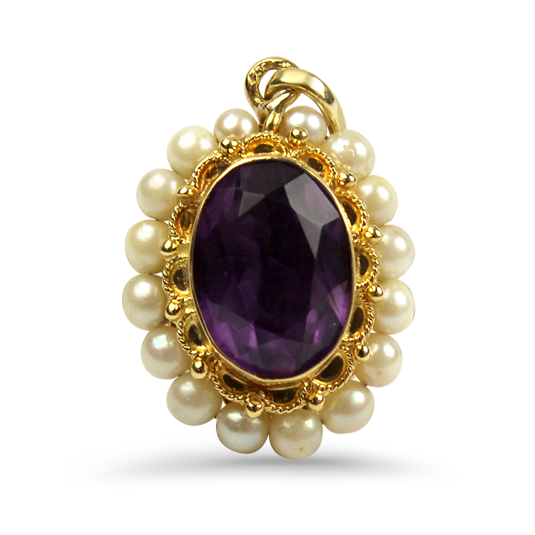 PAGE Estate Necklaces and Pendants Estate 18k Yellow Gold Oval Amethyst & Pearl Pendant