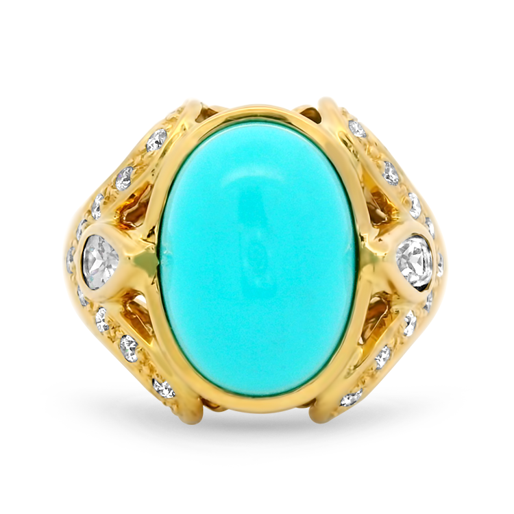 PAGE Estate Ring Estate 18k Yellow Gold Turquoise, Moonstone, and Diamond Ring