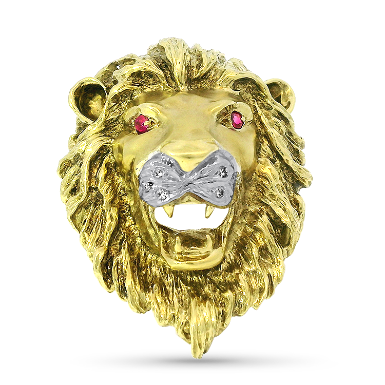 PAGE Estate Pins & Brooches Estate 18k Yellow & White Gold Diamond and Ruby Lion's Head Brooch/Pendant