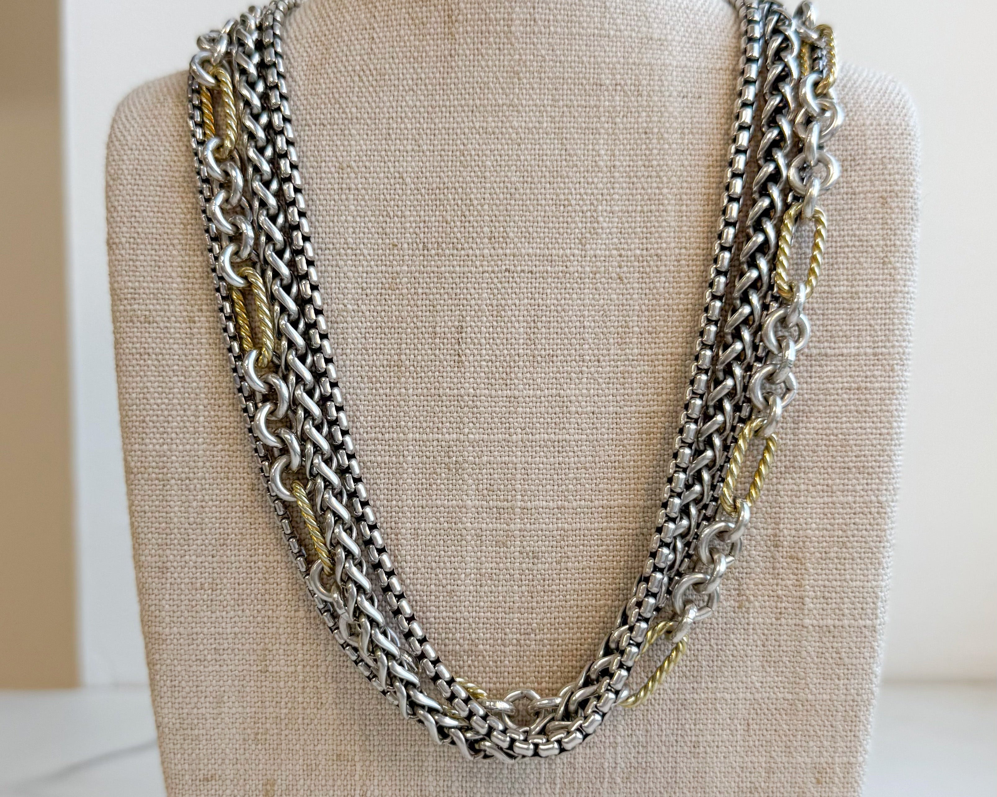 PAGE Estate Necklaces and Pendants Estate David Yurman Sterling Silver and 18K Yellow Gold Four-Row Mixed Chain Bib Necklace