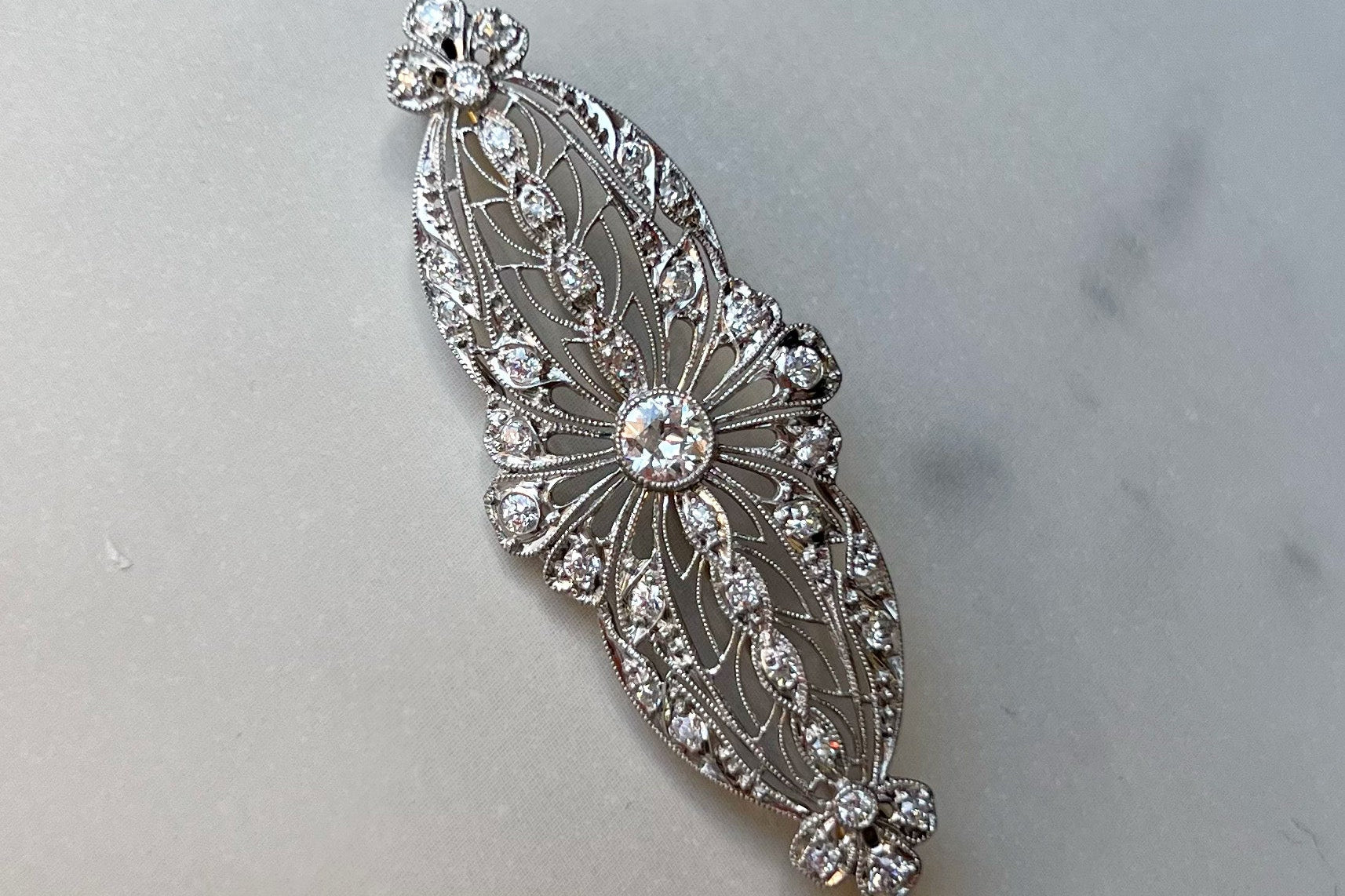 PAGE Estate Pins & Brooches Estate Platinum and 14k Yellow Gold Edwardian Filigree Diamond Brooch