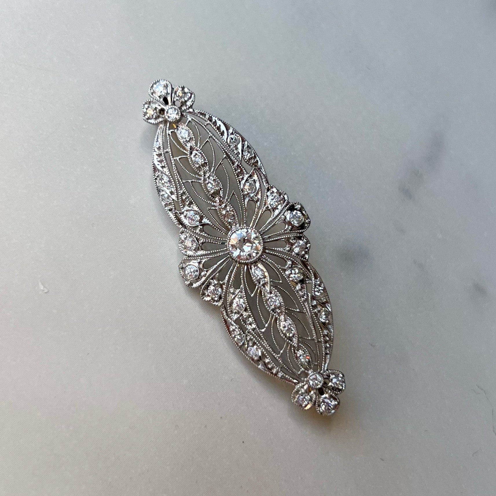 PAGE Estate Pins & Brooches Estate Platinum and 14k Yellow Gold Edwardian Filigree Diamond Brooch