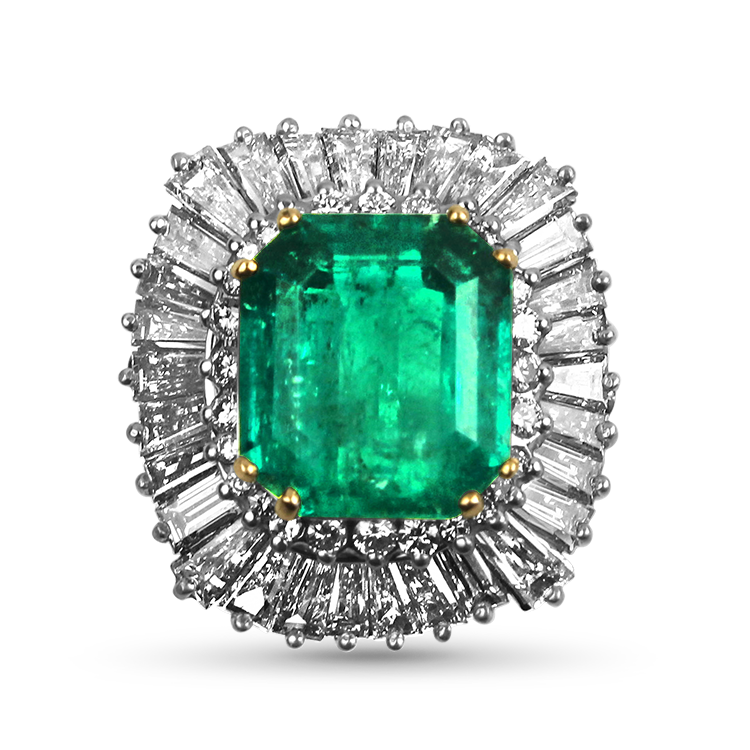 PAGE Estate Ring Estate Platinum Emerald and Diamond Ballerina Ring