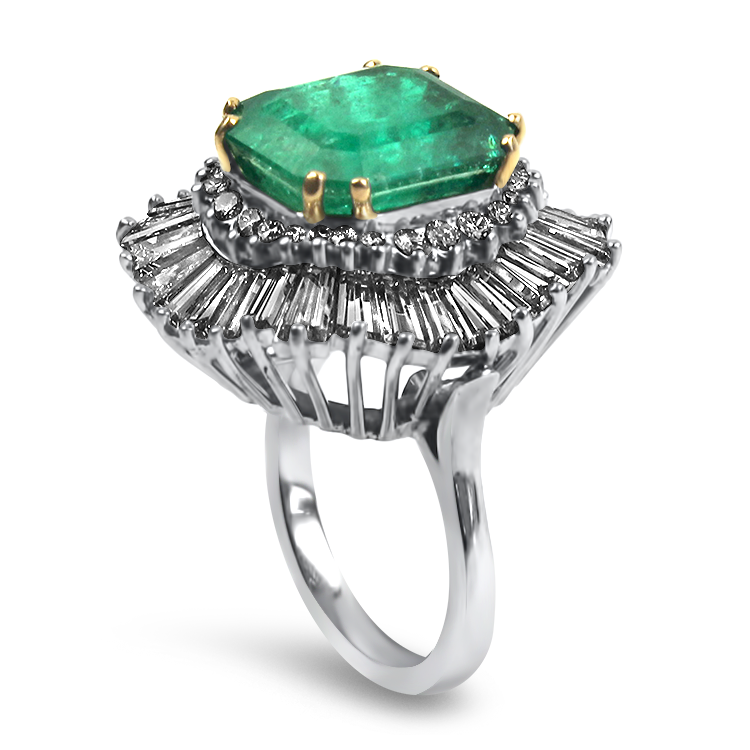 PAGE Estate Ring Estate Platinum Emerald and Diamond Ballerina Ring