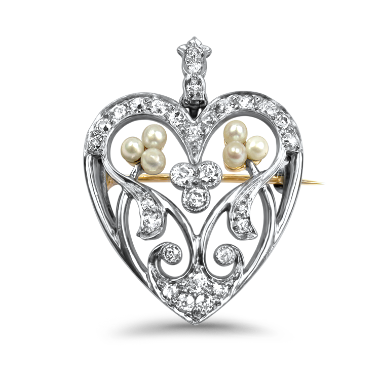 PAGE Estate Necklaces and Pendants Estate Platinum Heart Diamond & Pearl Pendant