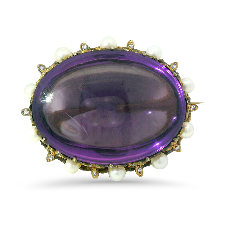 PAGE Estate Pins & Brooches Victorian 14k Yellow Gold Amethyst, Pearl, and Diamond Brooch