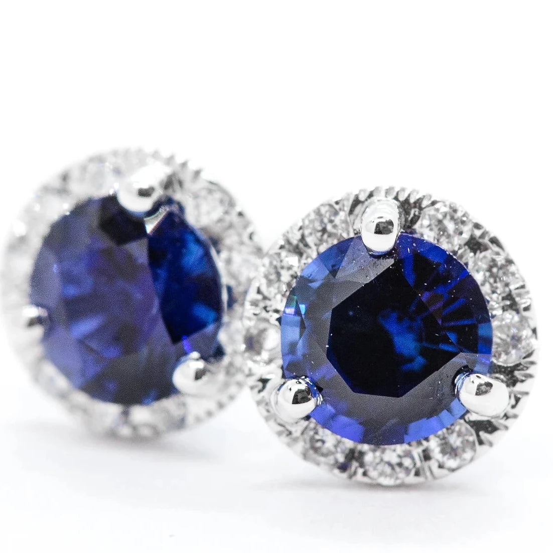 Springer's Collection Earring Springer's Collection 14k White Gold Halo Ceylon Sapphire and Diamond Stud Earrings