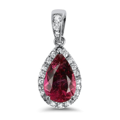 Pink Tourmaline & Diamond Halo Pendant Necklace 14K Yellow Gold