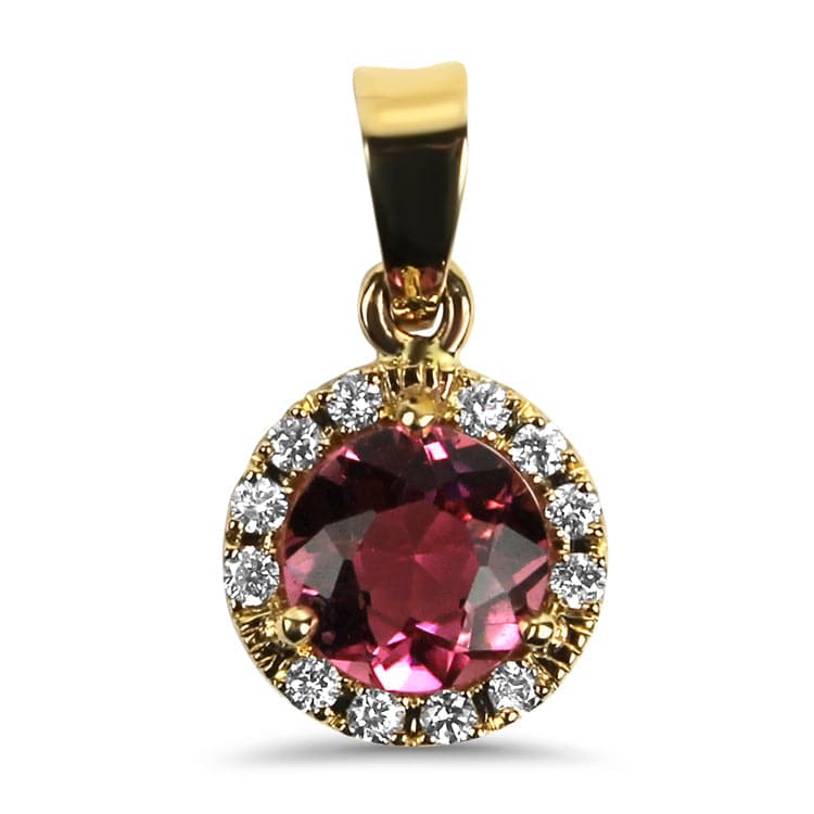 14K Yellow Gold Pink Tourmaline Diamond Halo Pendant Necklace